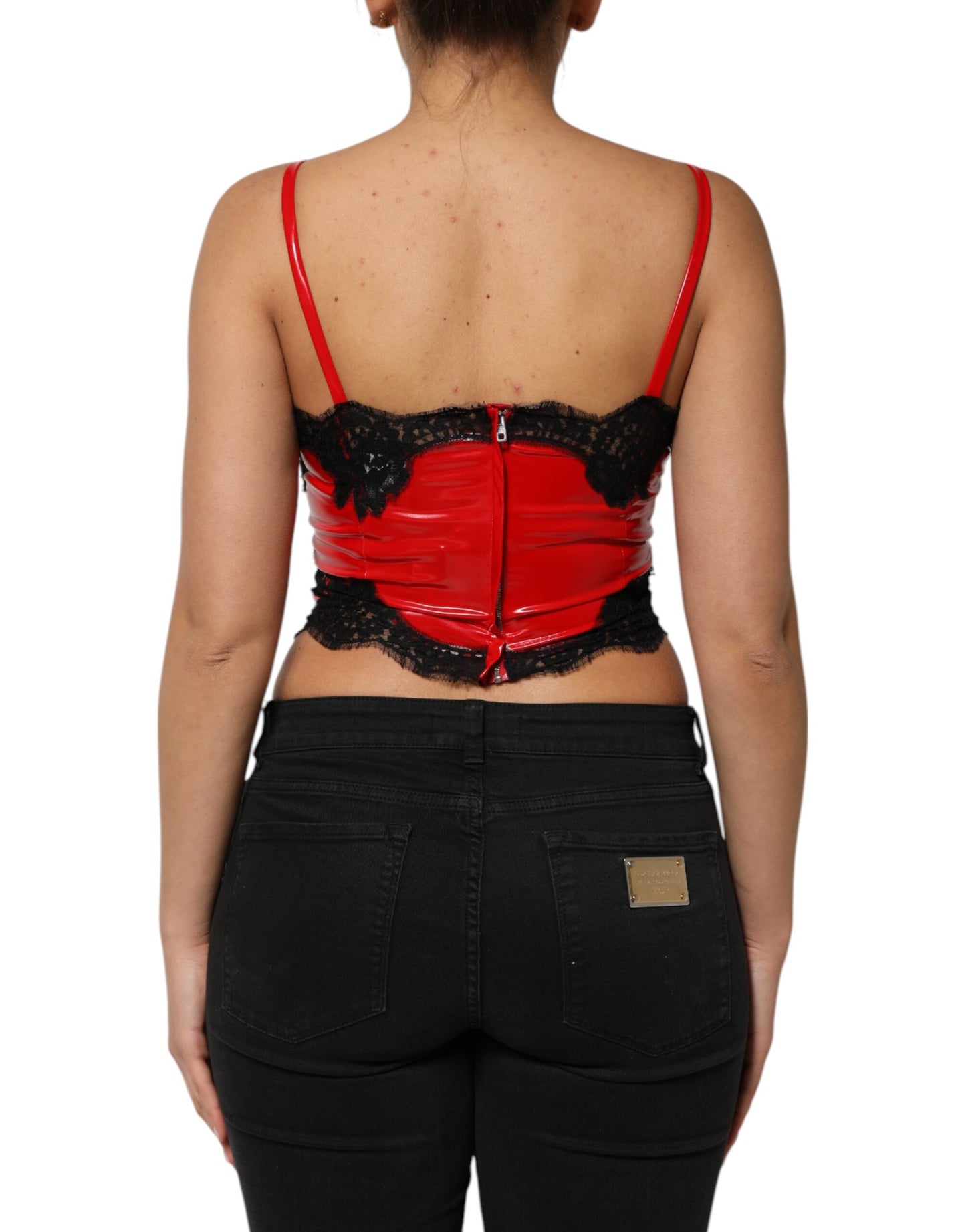 Dolce &amp; Gabbana Rot-Schwarzes ärmelloses Tanktop aus Polyester mit Spitzenbesatz