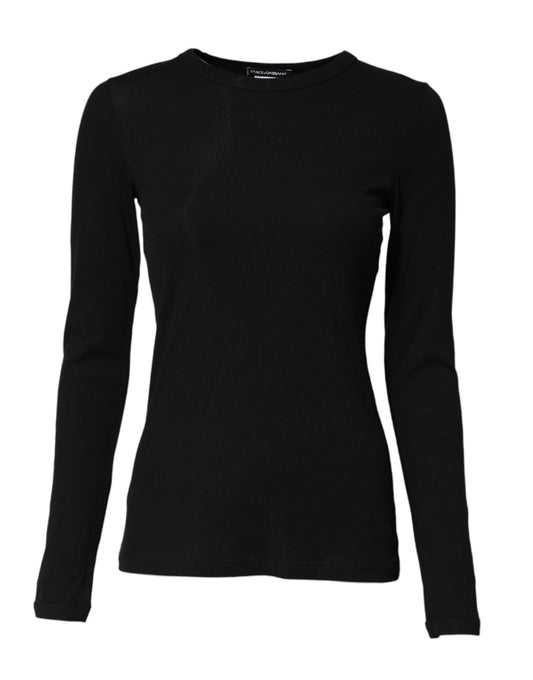Dolce &amp; Gabbana – Schwarzes T-Shirt aus Baumwollstrick mit Rundhalsausschnitt und langen Ärmeln