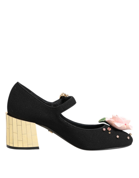 Dolce &amp; Gabbana – Schwarze Mary-Jane-Schuhe mit Blumen- und Kristallverzierung