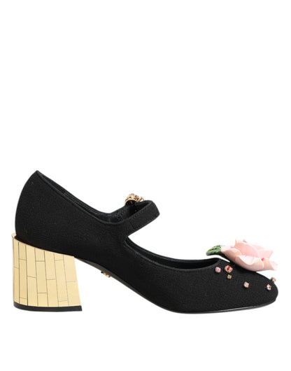 Dolce &amp; Gabbana – Schwarze Mary-Jane-Schuhe mit Blumen- und Kristallverzierung