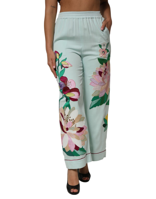 Dolce &amp; Gabbana, grüne, gerade Pyjamahose mit Strumpfband und Blumenmuster