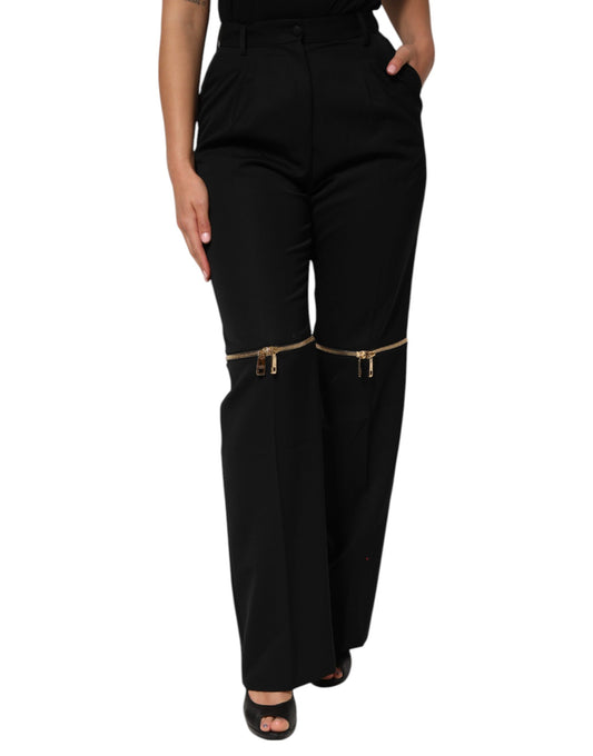 Dolce &amp; Gabbana – Schwarze Wollhose mit geradem Bein und Reißverschlussdetail