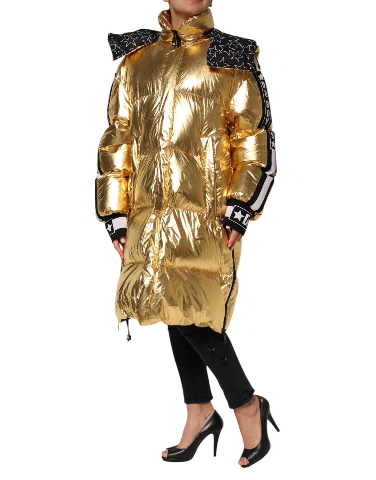 Dolce &amp; Gabbana – Gesteppte Pufferjacke mit durchgehendem Reißverschluss und Kapuze in Gold