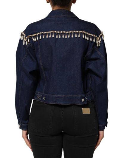 Dolce &amp; Gabbana – Blaue Jacke aus Baumwoll-Denim mit Kristallverzierung