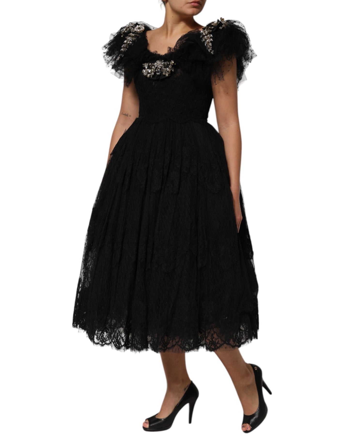 Dolce &amp; Gabbana Black Crystal Embellished Midi A-line Dress