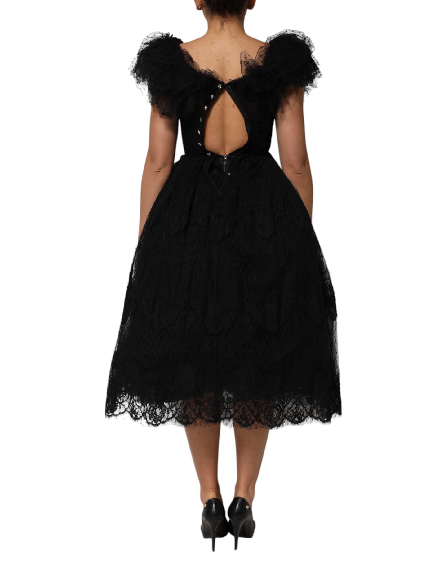 Dolce &amp; Gabbana Black Crystal Embellished Midi A-line Dress