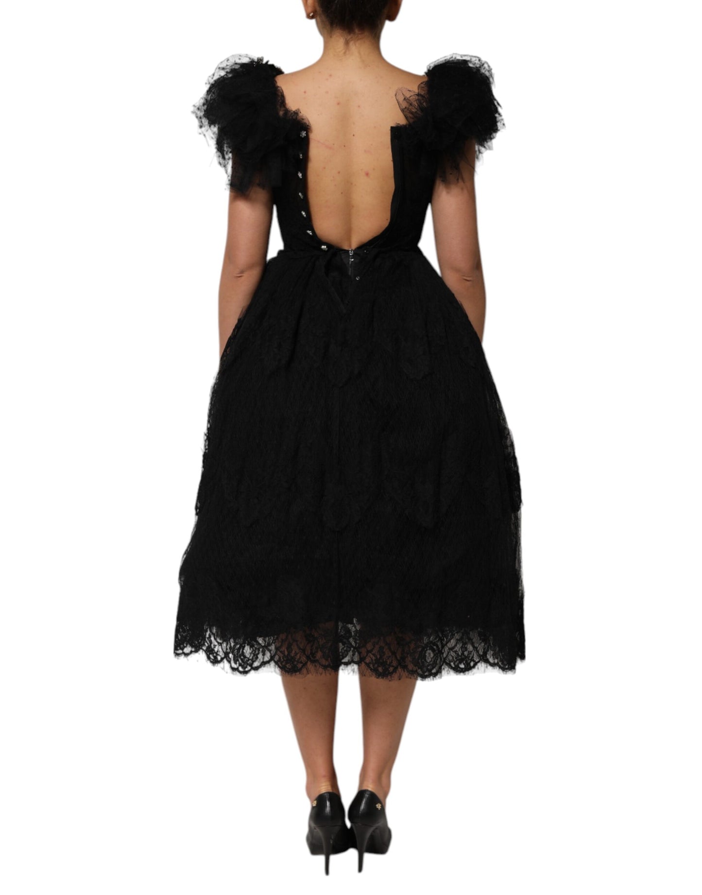 Dolce &amp; Gabbana Black Crystal Embellished Midi A-line Dress
