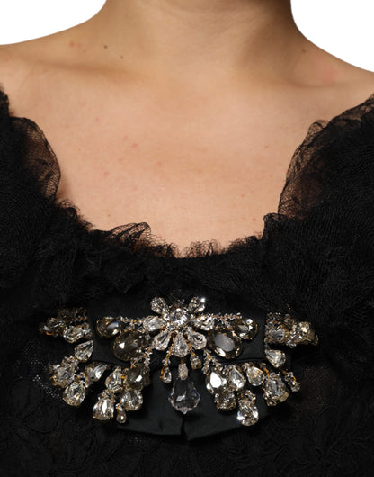 Dolce &amp; Gabbana Black Crystal Embellished Midi A-line Dress