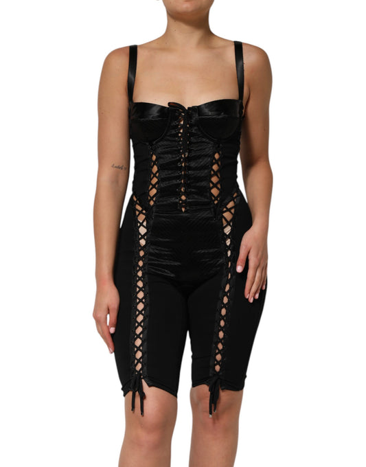 Dolce &amp; Gabbana – Schwarzes, figurbetontes Jumpsuit-Minikleid aus Korsettspitze