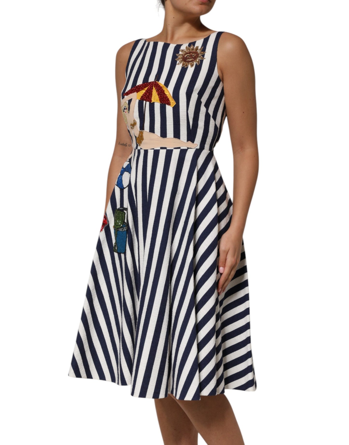 Dolce &amp; Gabbana Blau-weiß gestreiftes, besticktes A-Linien-Kleid