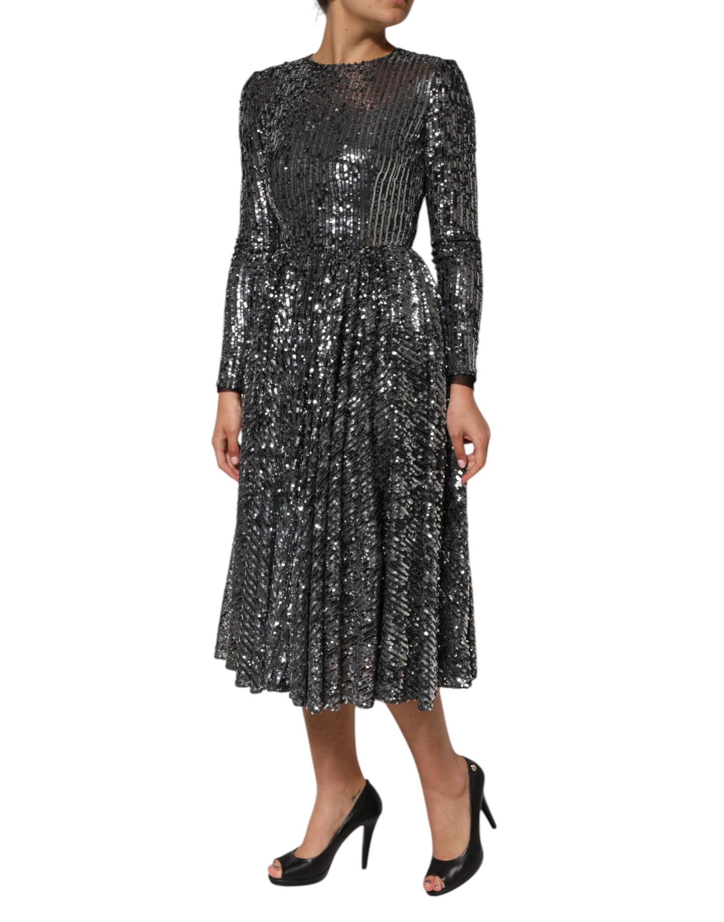 Dolce &amp; Gabbana – Schwarzes, langärmliges Midi-A-Linien-Kleid mit Pailletten