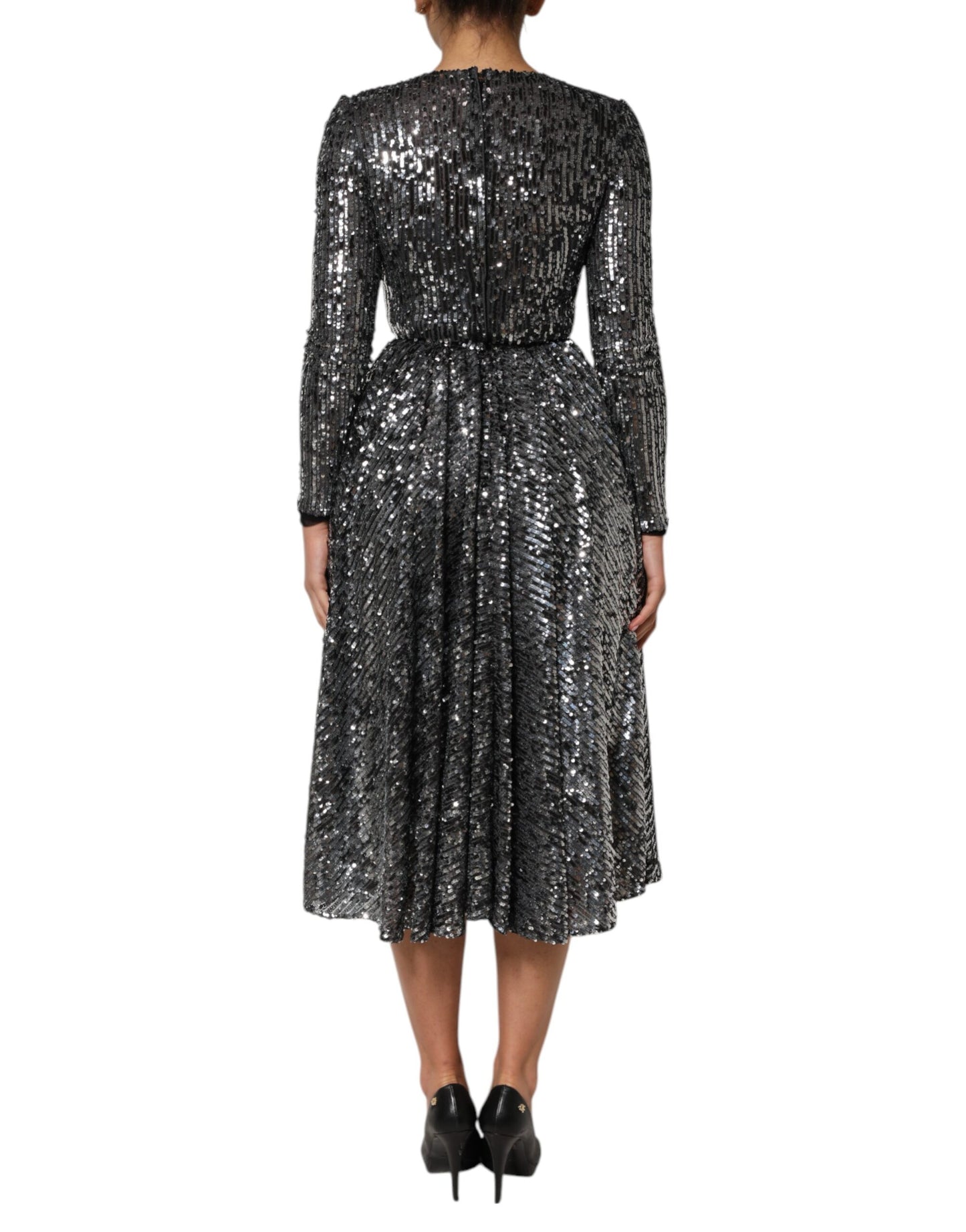 Dolce &amp; Gabbana – Schwarzes, langärmliges Midi-A-Linien-Kleid mit Pailletten