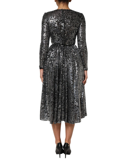 Dolce &amp; Gabbana – Schwarzes, langärmliges Midi-A-Linien-Kleid mit Pailletten