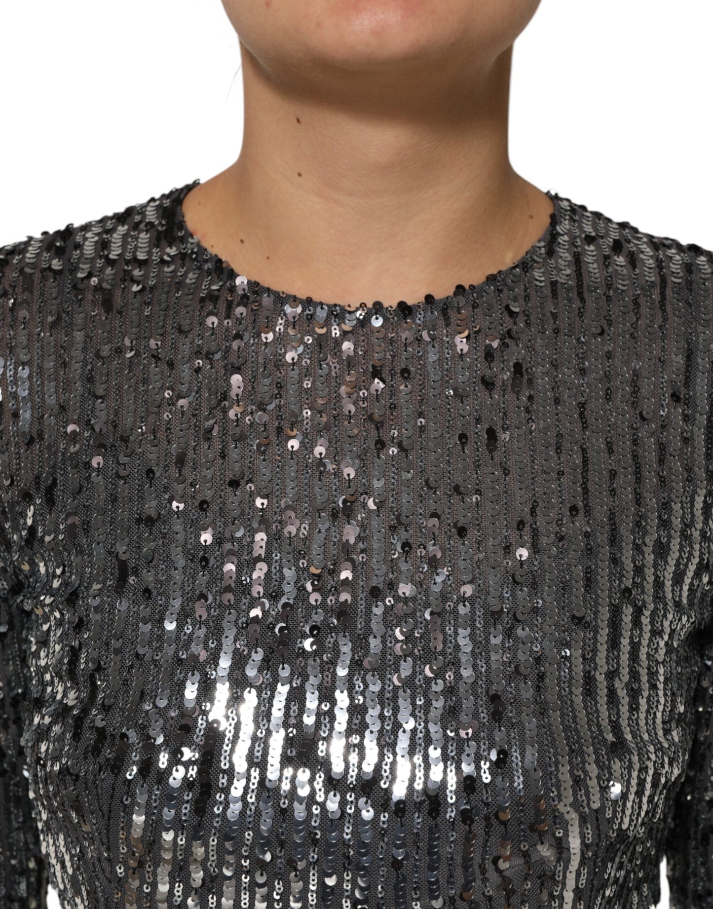 Dolce &amp; Gabbana – Schwarzes, langärmliges Midi-A-Linien-Kleid mit Pailletten