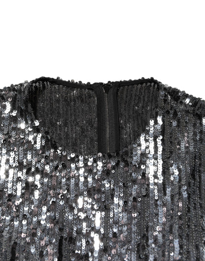 Dolce &amp; Gabbana – Schwarzes, langärmliges Midi-A-Linien-Kleid mit Pailletten