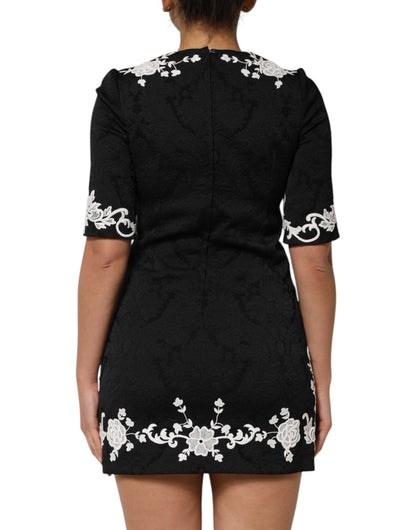 Dolce &amp; Gabbana – Schwarzes A-Linien-Kleid mit kurzen Ärmeln und Spitzenbesatz