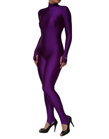 Dolce &amp; Gabbana, Lila, figurbetontes Jumpsuit-Kleid aus Nylon mit Rollkragen
