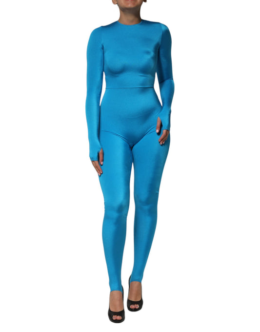 Dolce &amp; Gabbana, blaues, figurbetontes Jumpsuit-Kleid aus Nylon mit Rundhalsausschnitt