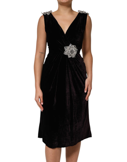 Dolce &amp; Gabbana – A-Linien-Kleid aus schwarzem Samt mit Blumenverzierung