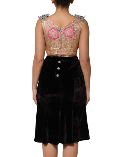 Dolce &amp; Gabbana – A-Linien-Kleid aus schwarzem Samt mit Blumenverzierung