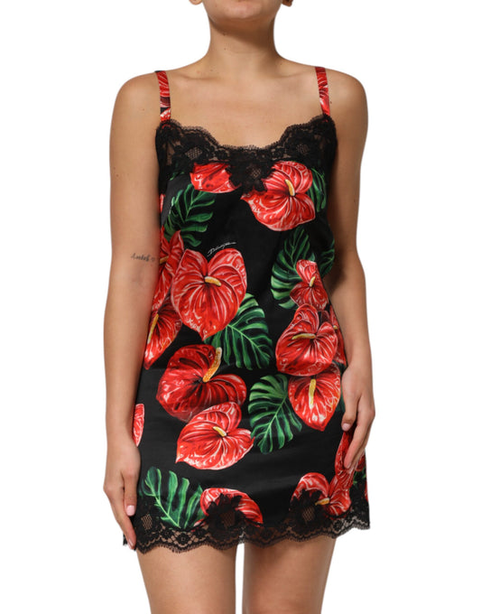Dolce &amp; Gabbana – Schwarzes Dessous-Unterkleid mit floralem Spitzenbesatz