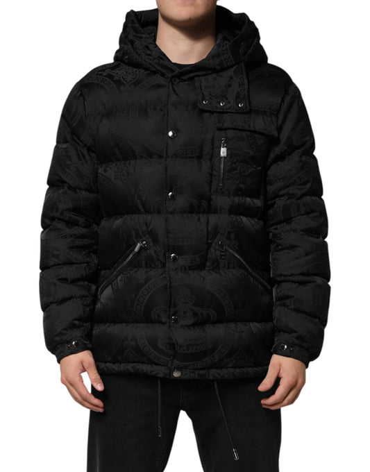 Dolce &amp; Gabbana – Schwarze, gesteppte Pufferjacke mit Kapuze aus Jacquard
