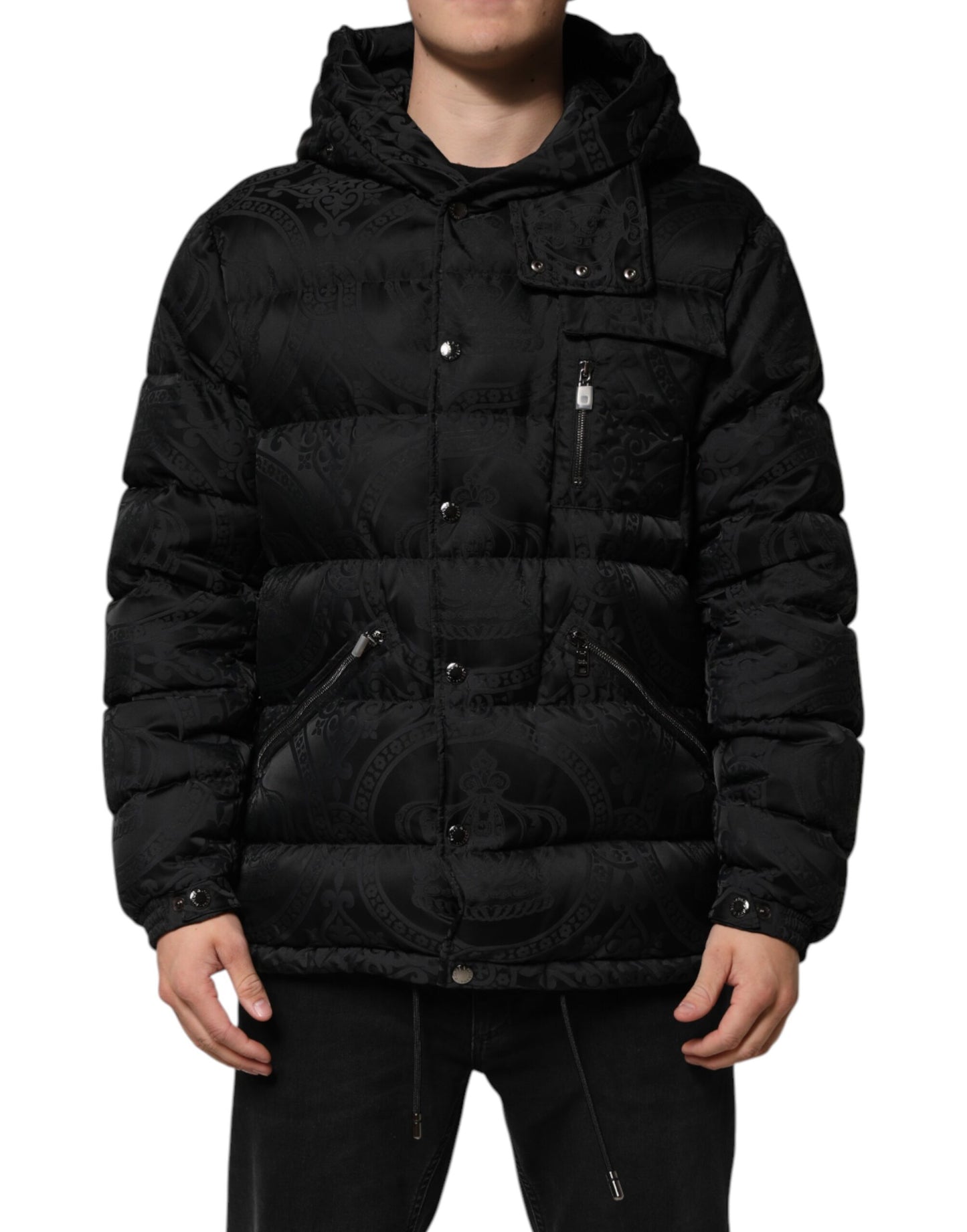 Dolce &amp; Gabbana – Schwarze, gesteppte Pufferjacke mit Kapuze aus Jacquard