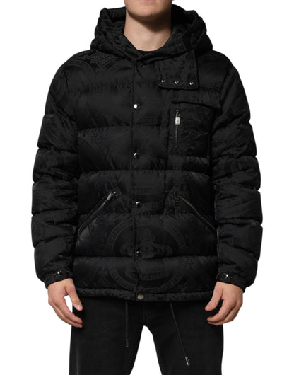 Dolce &amp; Gabbana – Schwarze, gesteppte Pufferjacke mit Kapuze aus Jacquard
