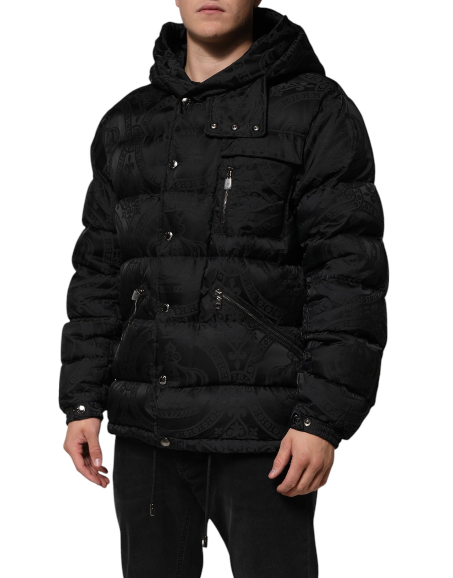 Dolce &amp; Gabbana – Schwarze, gesteppte Pufferjacke mit Kapuze aus Jacquard
