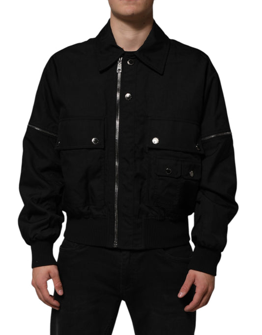 Dolce &amp; Gabbana – Schwarze Bomberjacke mit aufgesetzter Tasche und durchgehendem Reißverschluss