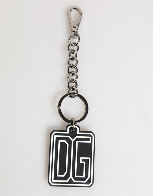 Dolce &amp; Gabbana Schwarz Weiß DG Gummi Logo Silber Männer Schlüsselanhänger Schlüsselanhänger