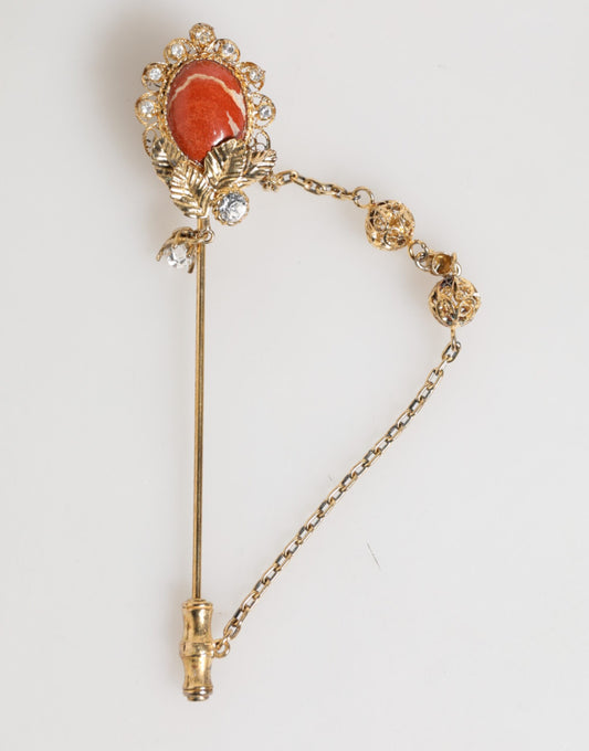 Dolce &amp; Gabbana Gold Messing Kristall Kette 925 Sterling Silber Pin Brosche