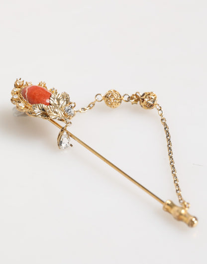 Dolce &amp; Gabbana Gold Messing Kristall Kette 925 Sterling Silber Pin Brosche