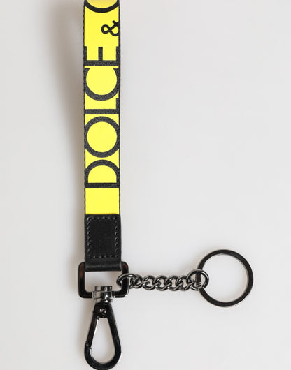 Dolce &amp; Gabbana Gelbes Logo Nylon Silber Messing Halter Schlüsselanhänger Schlüsselring