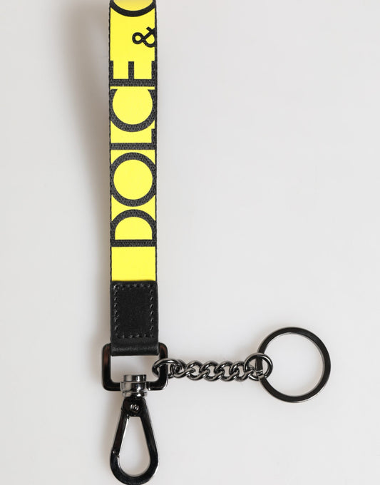 Dolce &amp; Gabbana Gelbes Logo Nylon Silber Messing Halter Schlüsselanhänger Schlüsselring