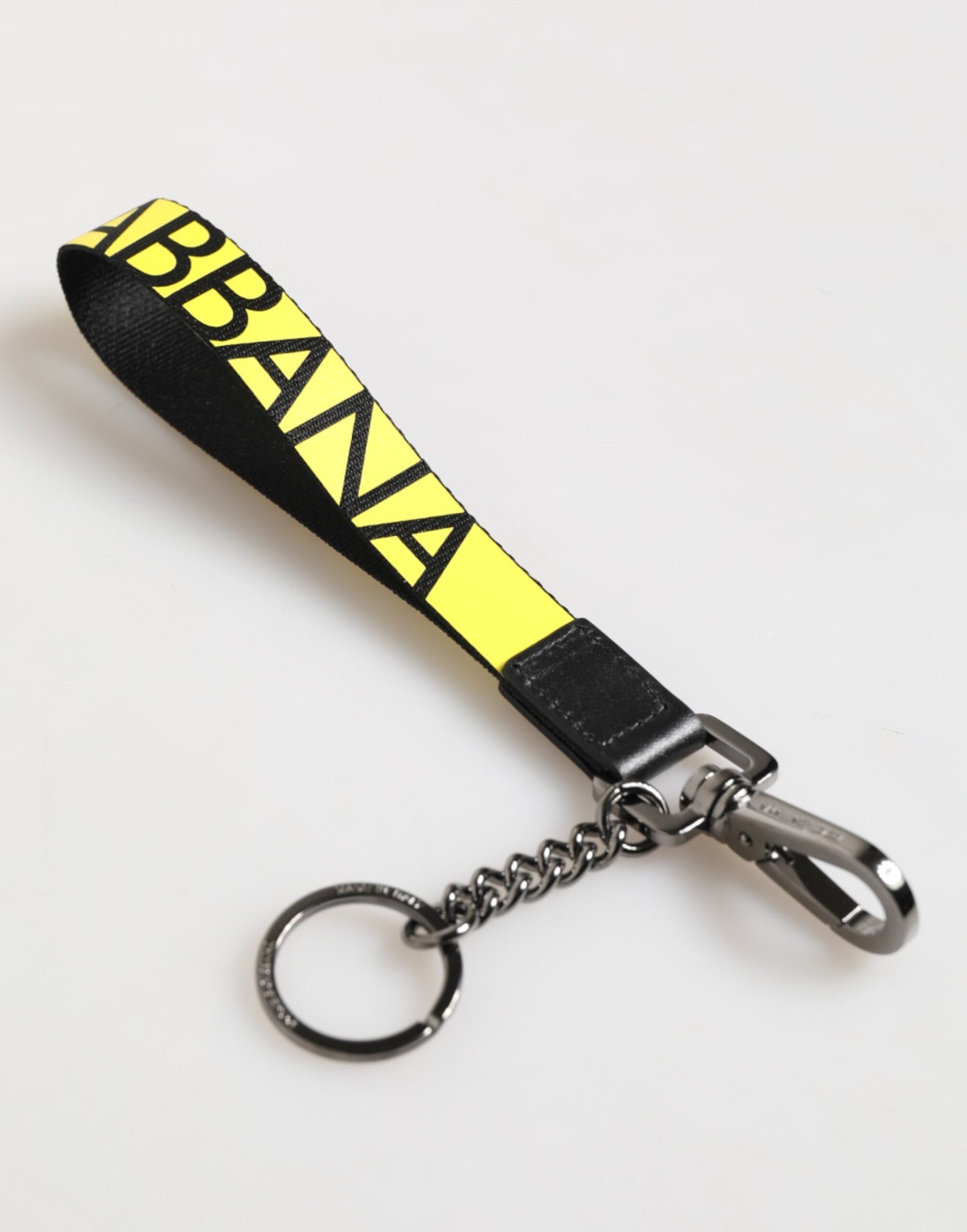 Dolce &amp; Gabbana Gelbes Logo Nylon Silber Messing Halter Schlüsselanhänger Schlüsselring