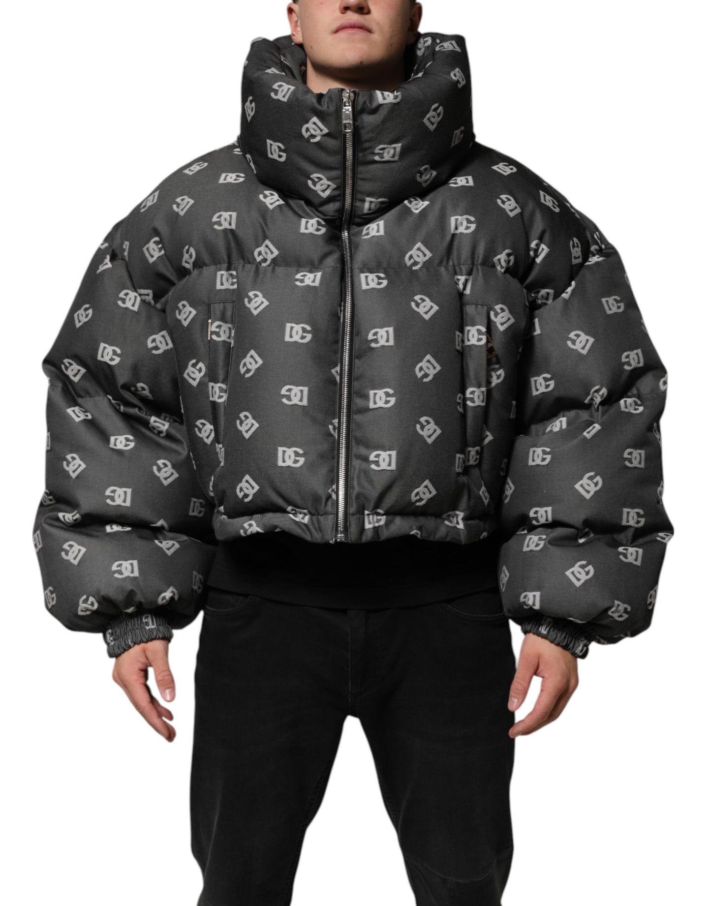 Dolce &amp; Gabbana Black DG Monogram Full Zip Puffer Men Jacket