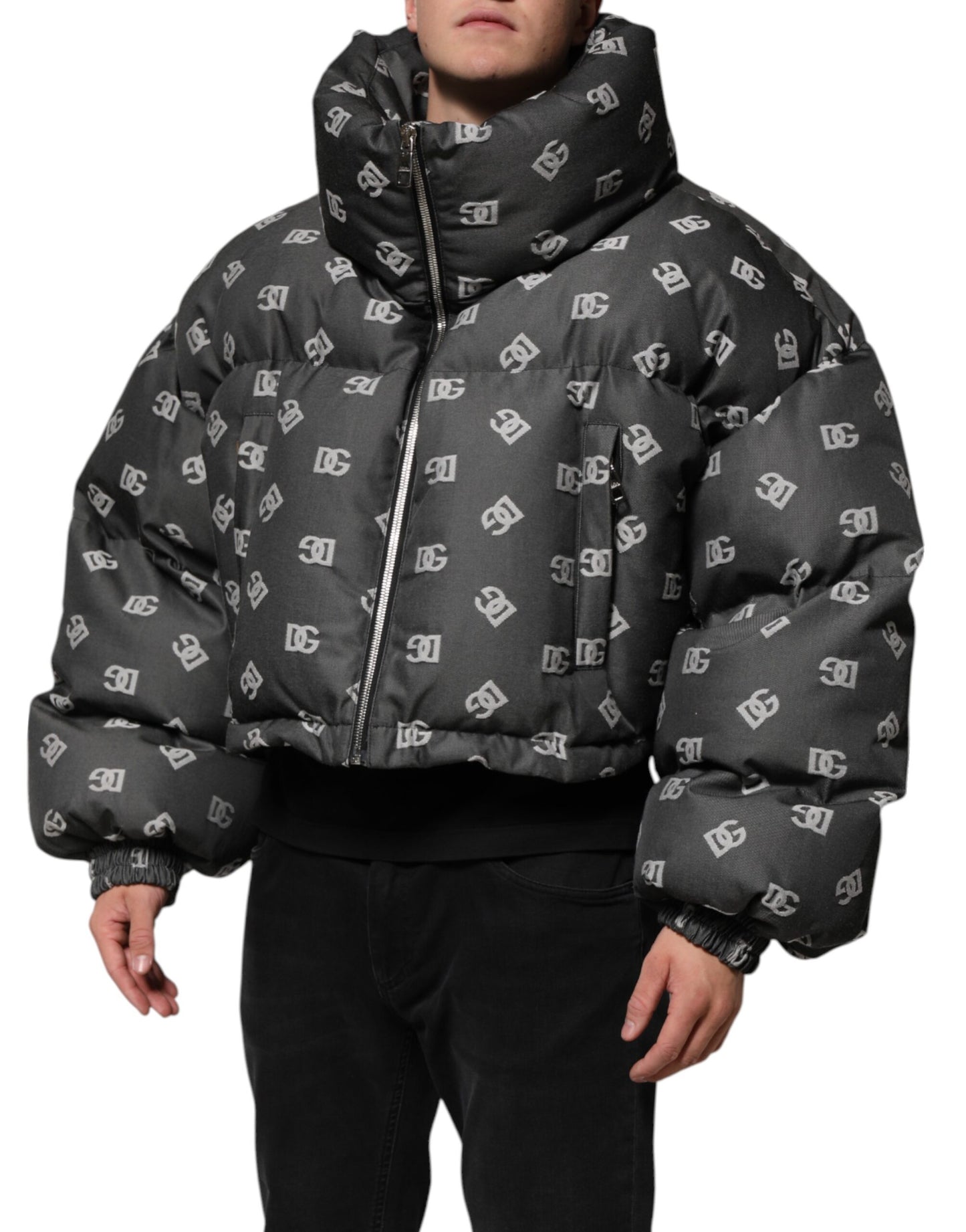 Dolce &amp; Gabbana Black DG Monogram Full Zip Puffer Men Jacket