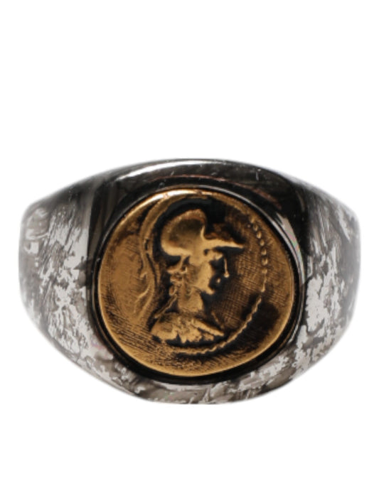 Dolce &amp; Gabbana Silberfarbener, gravierter zweifarbiger Ring aus echtem Messing