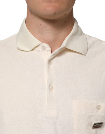 Dolce &amp; Gabbana – Elfenbeinfarbenes Poloshirt aus Baumwollfrottee mit Logotasche