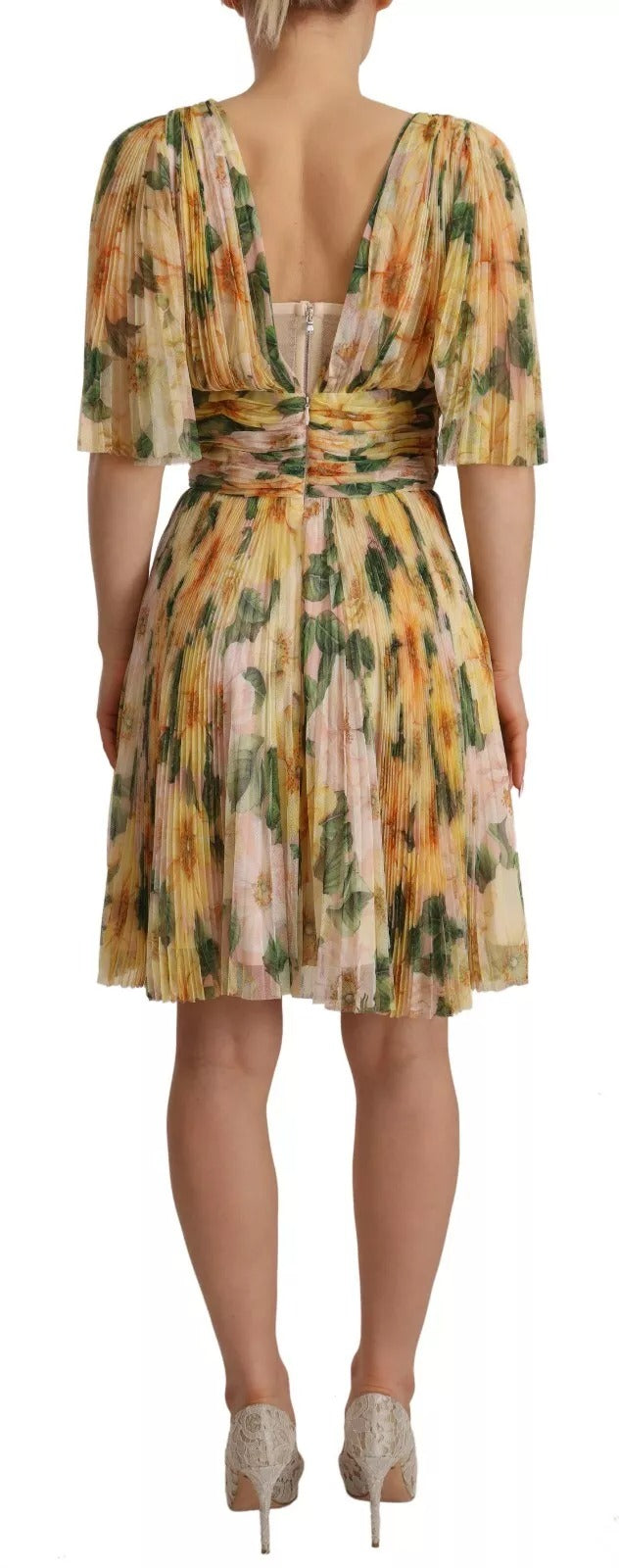 Dolce &amp; Gabbana – Gelbes, plissiertes Maxikleid mit Blumendruck