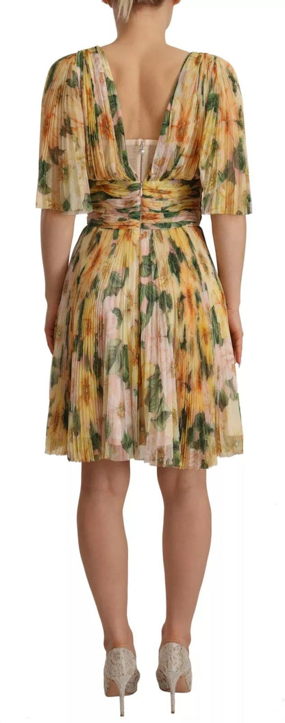 Dolce &amp; Gabbana – Gelbes, plissiertes Maxikleid mit Blumendruck
