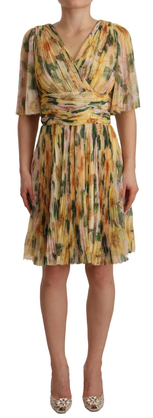 Dolce &amp; Gabbana – Gelbes, plissiertes Maxikleid mit Blumendruck