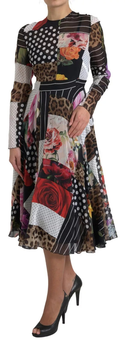 Dolce &amp; Gabbana Mehrfarbiges Patchwork-Kleid mit Blumen- und Leopardenmuster