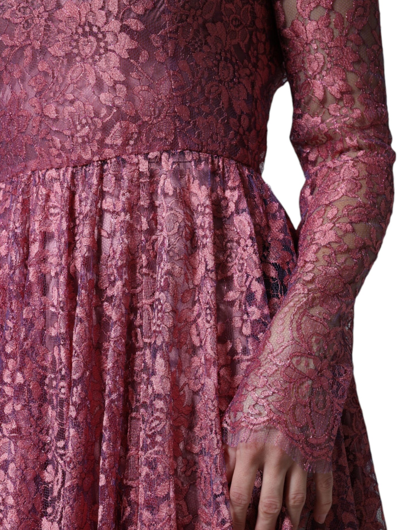 Dolce &amp; Gabbana – Langärmliges Midikleid aus rosa Blumenspitze