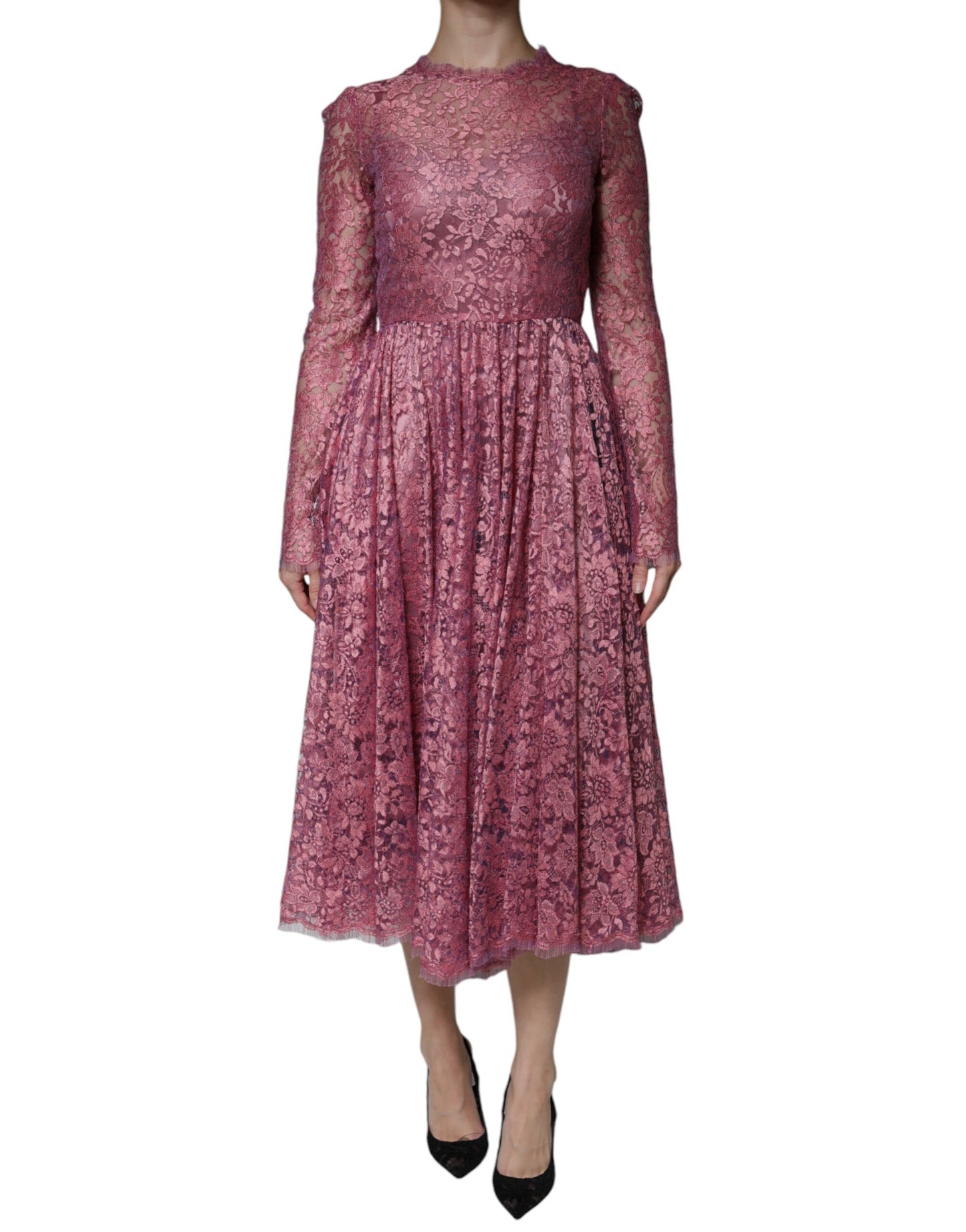 Dolce &amp; Gabbana – Langärmliges Midikleid aus rosa Blumenspitze