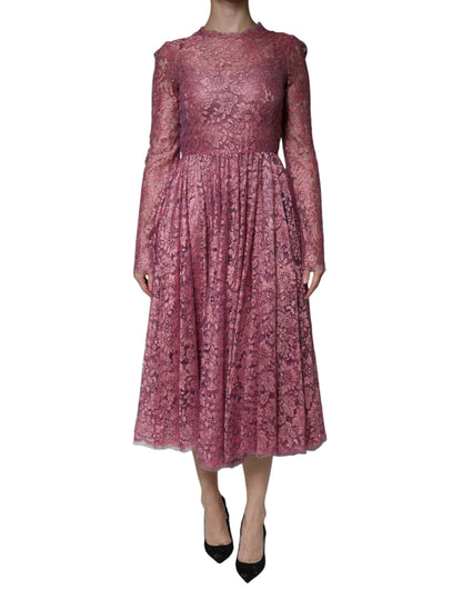 Dolce &amp; Gabbana – Langärmliges Midikleid aus rosa Blumenspitze