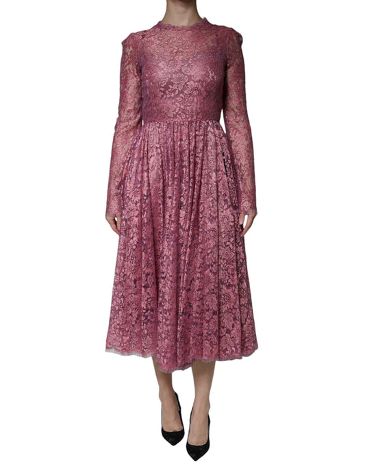 Dolce &amp; Gabbana – Langärmliges Midikleid aus rosa Blumenspitze