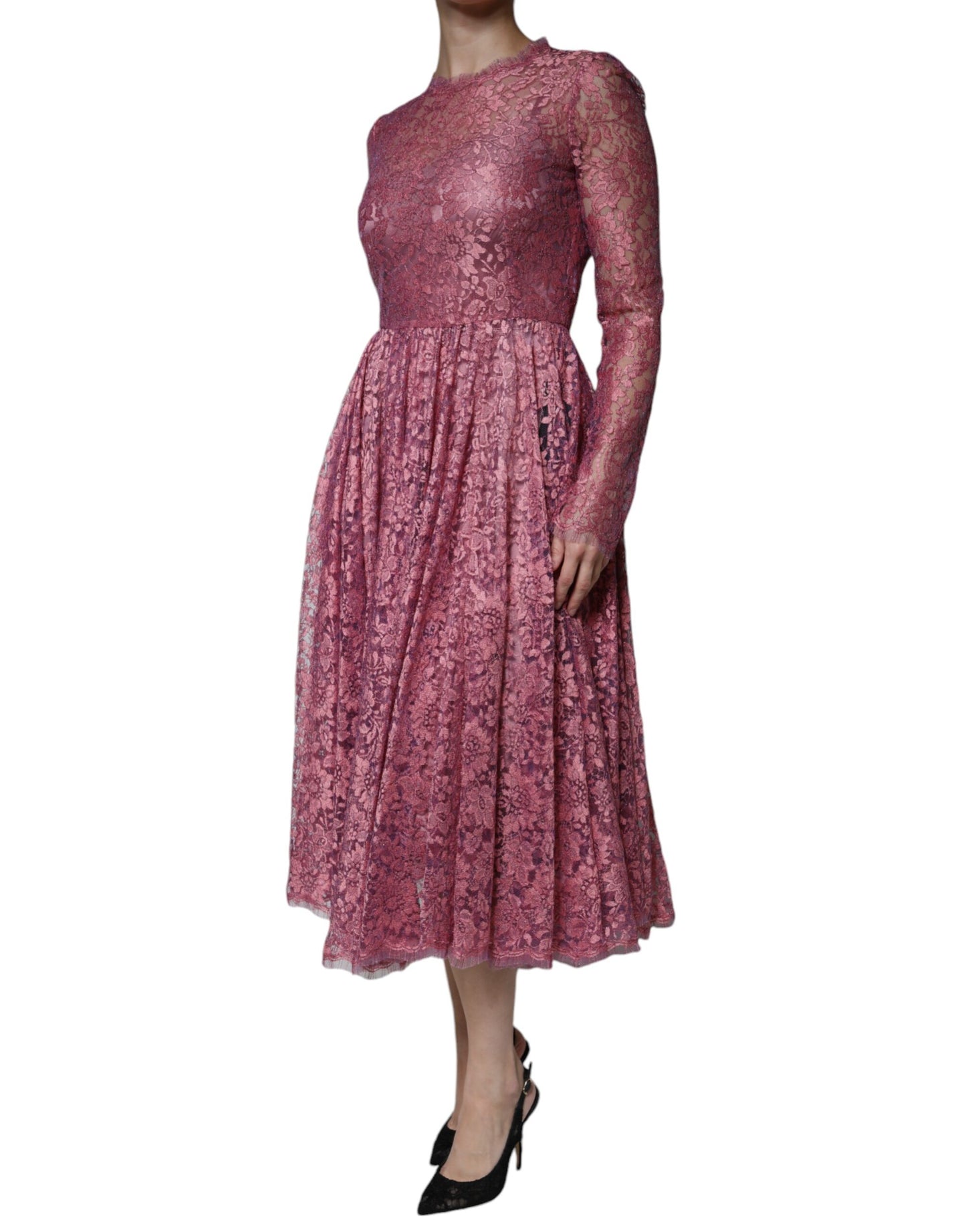 Dolce &amp; Gabbana – Langärmliges Midikleid aus rosa Blumenspitze