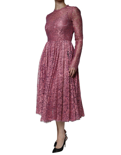 Dolce &amp; Gabbana – Langärmliges Midikleid aus rosa Blumenspitze